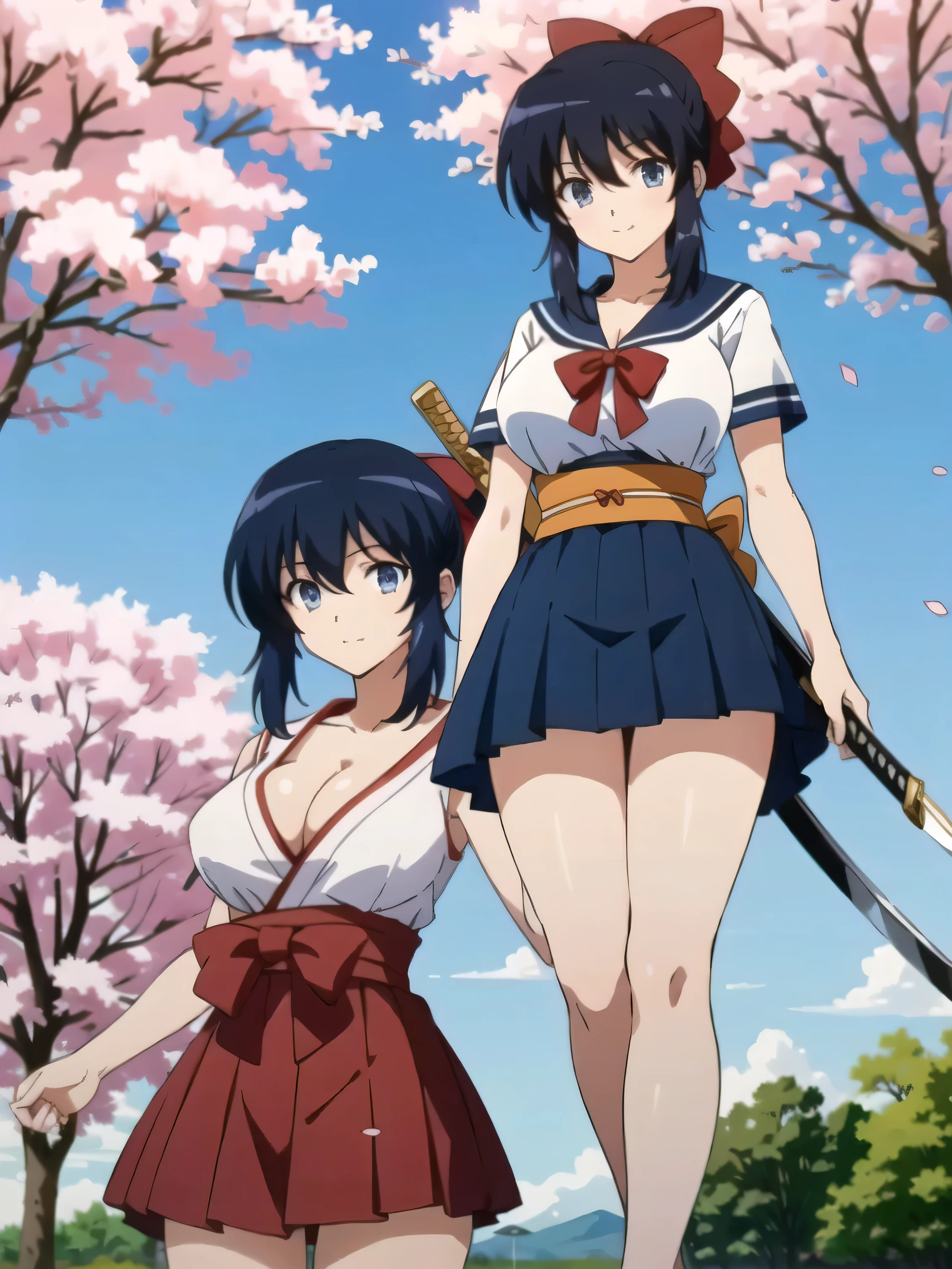 ((highest quality)), ((masterpiece)), (detailed), (16k high definition anime), Anatomically perfect body,Himari Noihara, 1girl,One girl、Perfect Face、Cute face、Beautiful Face、smile、Beautifully detailed eyes、blue eyes、Black Hair、Long Hair、ponytail、Red ribbon、(Large Breasts:1.3)、Beautiful cleavage、(sailor suit top、Short length), Beautiful cleavage、(Sailor skirt), Sometimes punch、Smooth body lines、Wide hips、Big ass、High Body、Beautiful long legs、(Are standing、With legs wide open、Holding a Japanese sword)、Combat pose、View your viewers、(Cherry blossom park background、under the cherry tree、SakuraFubuki )、Above-the-knee photos、