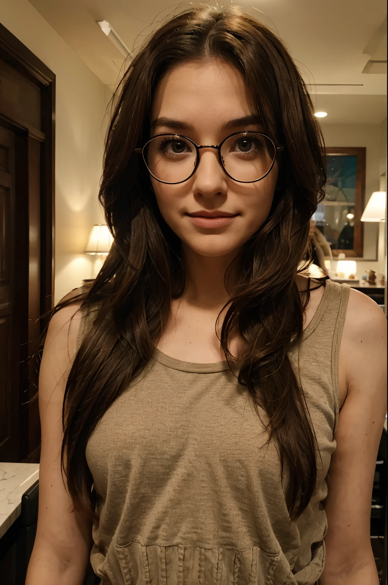 Pixar-inspired brown shoulder-length haired woman with glasses