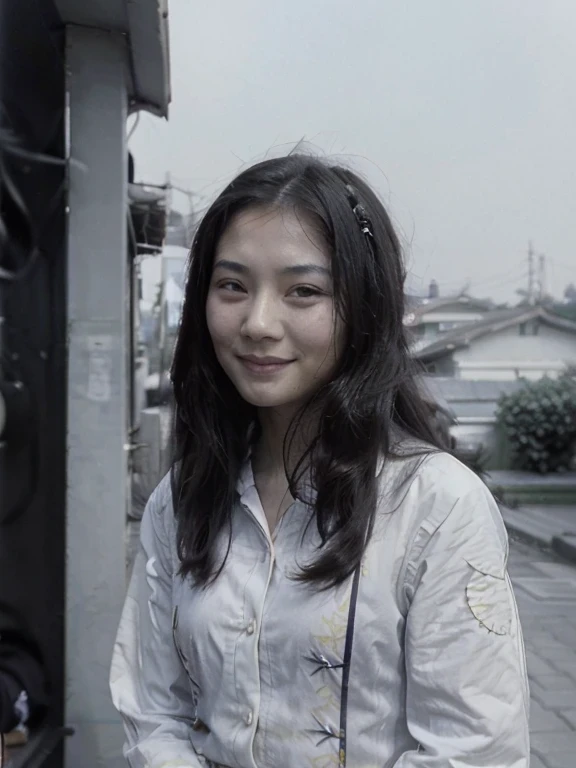 A 25-year-old Taiwanese woman in the 1950s, wearing neat clothes and smiling.，Frontal half-length close-up，Black and white photo、Portrait photography、negatives