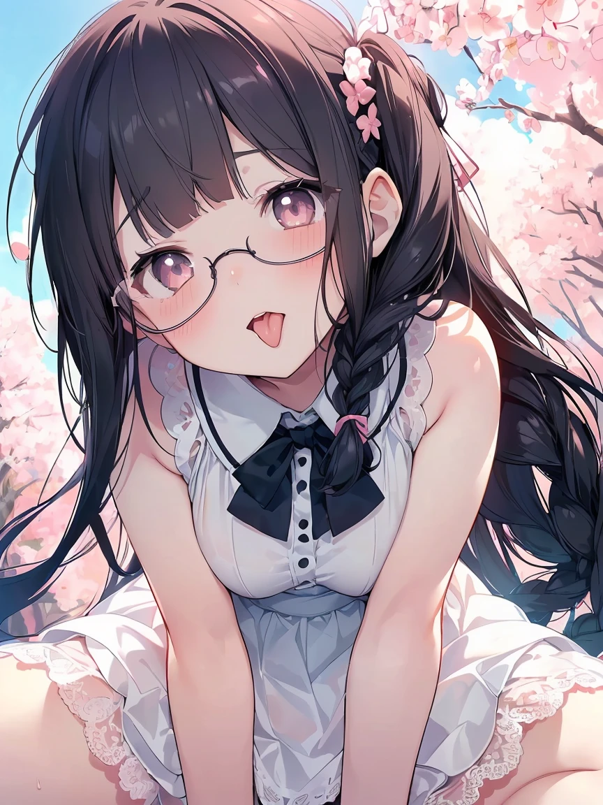 Very detailed, highest quality, High resolution, Moe Anime, ((A cute elementary school girl with black hair and droopy eyes)), ((Wearing large round glasses:1.4)), (Baby Face), Cute eyes, Detailed eye depiction, Sparkle in the eyes, View your viewers, Pale skin, (Big eyes:1.4, Droopy eyes:1.4, Fatty face:1.4), smile, Focus on the face, In the park with cherry blossoms falling, Sitting, (Extreme close up of tongue), (((From below))), Open your mouth, (((Face only:1.3))), ((white lace sleeveless dress)), Bright Eyes, Light from the front, (Put your hands between your legs:1.4), large and long tongue, Cleavage, Braided Hair, Pink ribbon