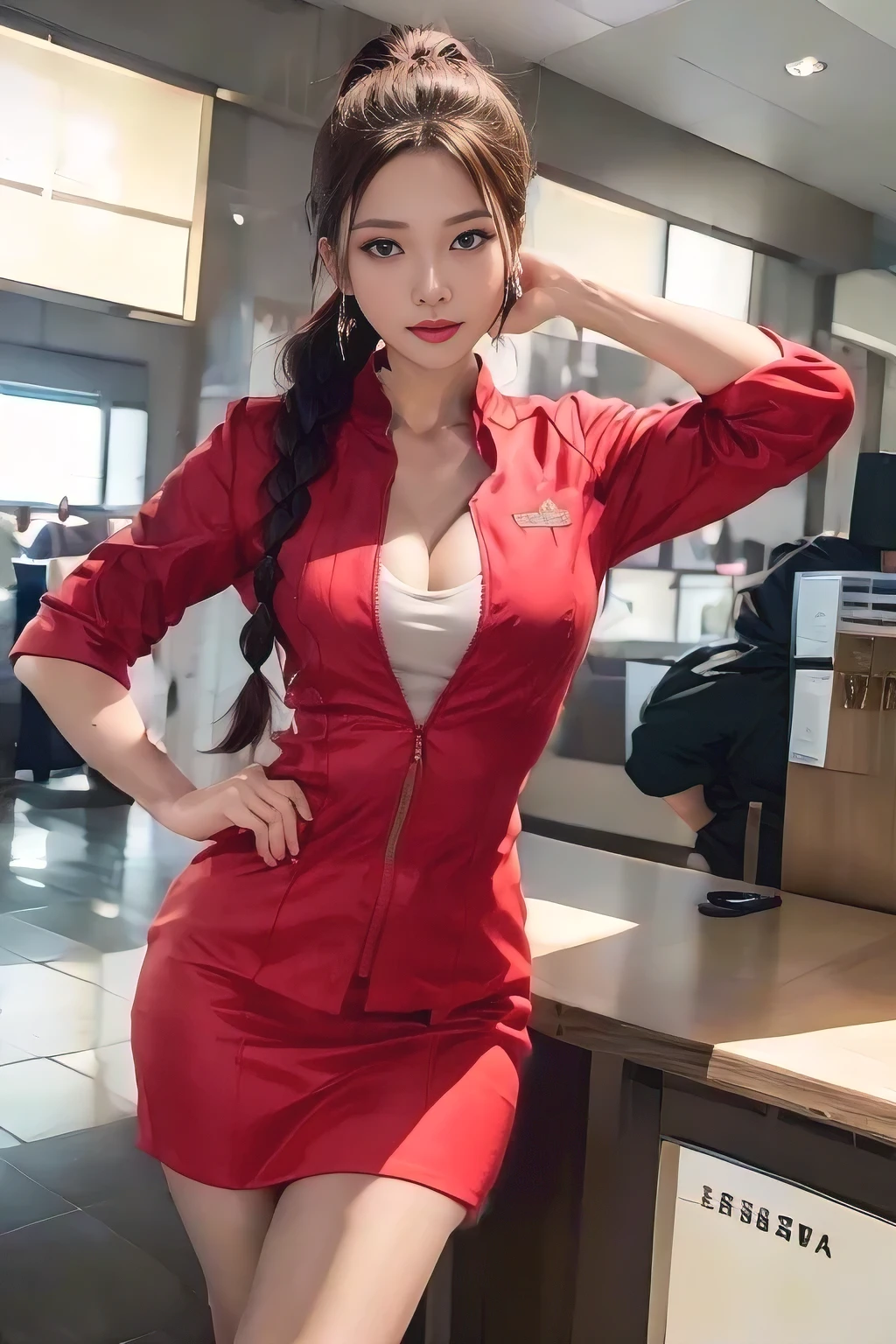 AirAsia short sleeve red jacket uniform、Dark brown hair、Ponytail Hair、Red rubber band、Tie your hair back in a ponytail、Long hair braids down to the legs、Long hair braids down to the legs hanging down over the uniform、Luxury earrings、Captivating look、Blue Eyes、Young Asian Woman