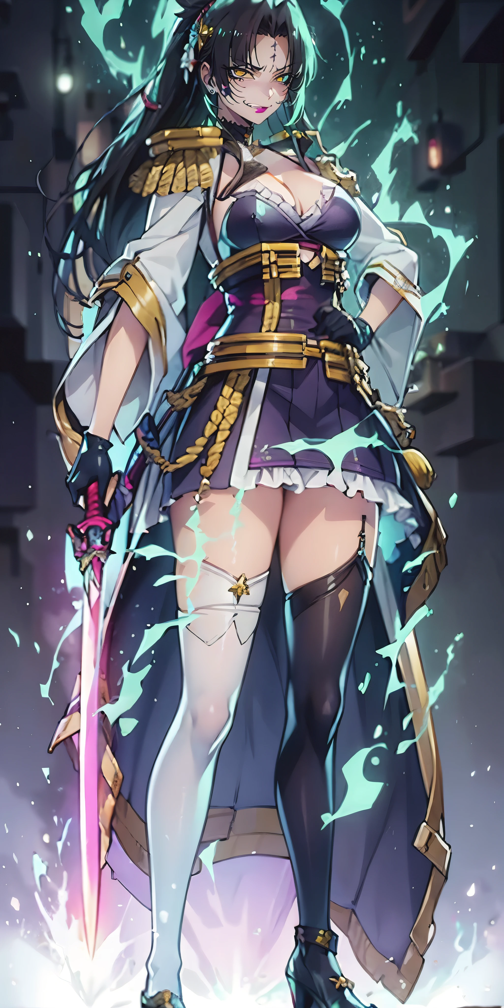 michiko_tanaka_mahoushoujoniakogarete, anime_style, (long hair:1.3), (black hair:1.3), forehead, forehead mark, anatomically correct, heavy breathing, huge breasts, breast press, 1girl, weapon, sword, thighhighs, solo, blue_eyes, breasts, full_body, ponytail, bangs, jewelry, standing, dress, holding_weapon, gloves, holding, short_dress, looking_at_viewer, earrings, long_hair, closed_mouth, cleavage, white_legwear,michiko_tanaka_mahoushoujoniakogarete,michiko tanaka, (shaded face:1.2), hollow eyes, yellow eyes, looking at viewer, (heavy breathing:1.2), smirk, upper teeth, forehead mark, makeup,