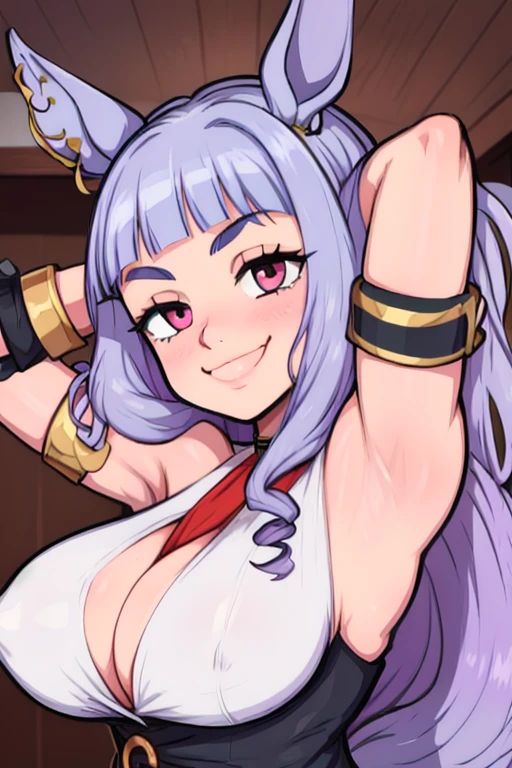 masterpiece, best quality, gold ship uma musume, looking at viewer, very large breasts, upper body, portrait, looking at viewer, seductive smile,put your hands behind your head, armpits, armpits visible,