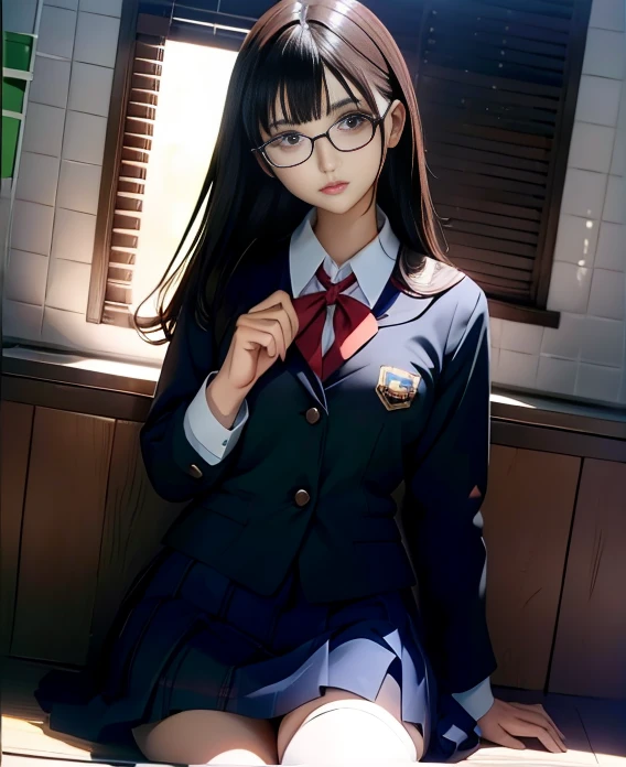 A dark-haired　eye glasses　Mini Uniform　chairman　Ulu Ulu　female high-school student