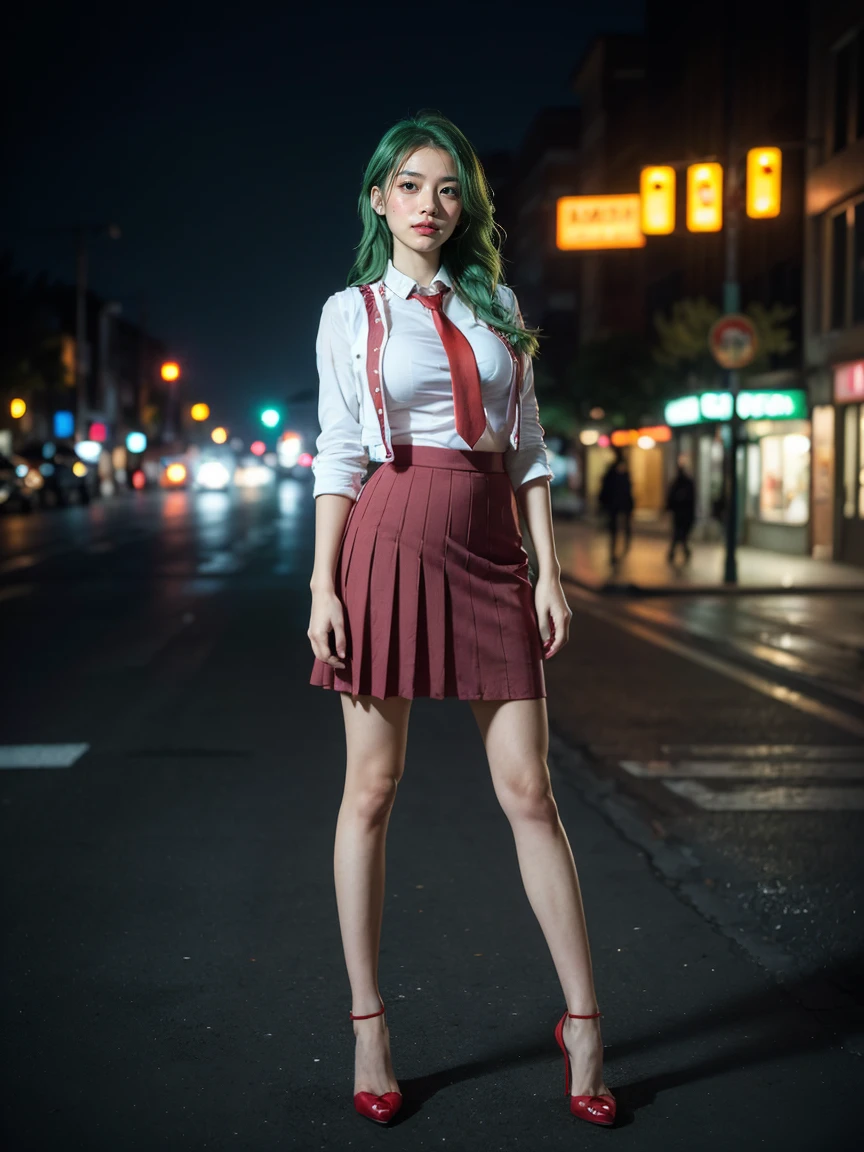 (1 lady), (Best quality at best:1.4), (ultra - detailed), (extremely detailed CG unified 16k), A Beautiful Woman with Perfect Figure: 1.4, Sharp Focus: 1.2, very detailed, High-definition RAW color photo, professional photoshooting, amazing face and eyes, cosmetics, (amazingly beautiful girl), ((Mion Sonozaki)), ((white shirt, red necktie, yellow vest, red skirt)), standing, sexyposture，(Dark and stylish urban landscape, city lights, city lights:1.3), (look from down), realistic cinematic face, head to feet long wide zoomed out view, full body long view, photorealistic, ((realistic natural green hair style, green eyes, long hair)), gorgeous, extremely beautiful face, perfect model beauty, pout mouth, Highly Detailed Face and Skin Texture, Detailed Eyes, Double Eyelids, Big Breasts, Smile, cleavages, western, (masterpiece), best quality, high resolution, extremely detailed, blurred background, depth of field, cinematic lighting, amazing legs, clear and well-cared skin, (((woman occupies most of the picture)))