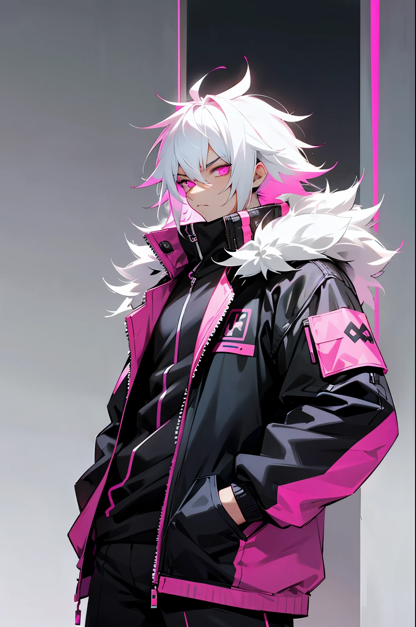 Anime male, black and white hair, fluffy hair, neon pink eyes, cyberpunk clothes, black and white clothes, cyberpunk mark,arms in pockets, serious face, upperbody, black jacket, muscular