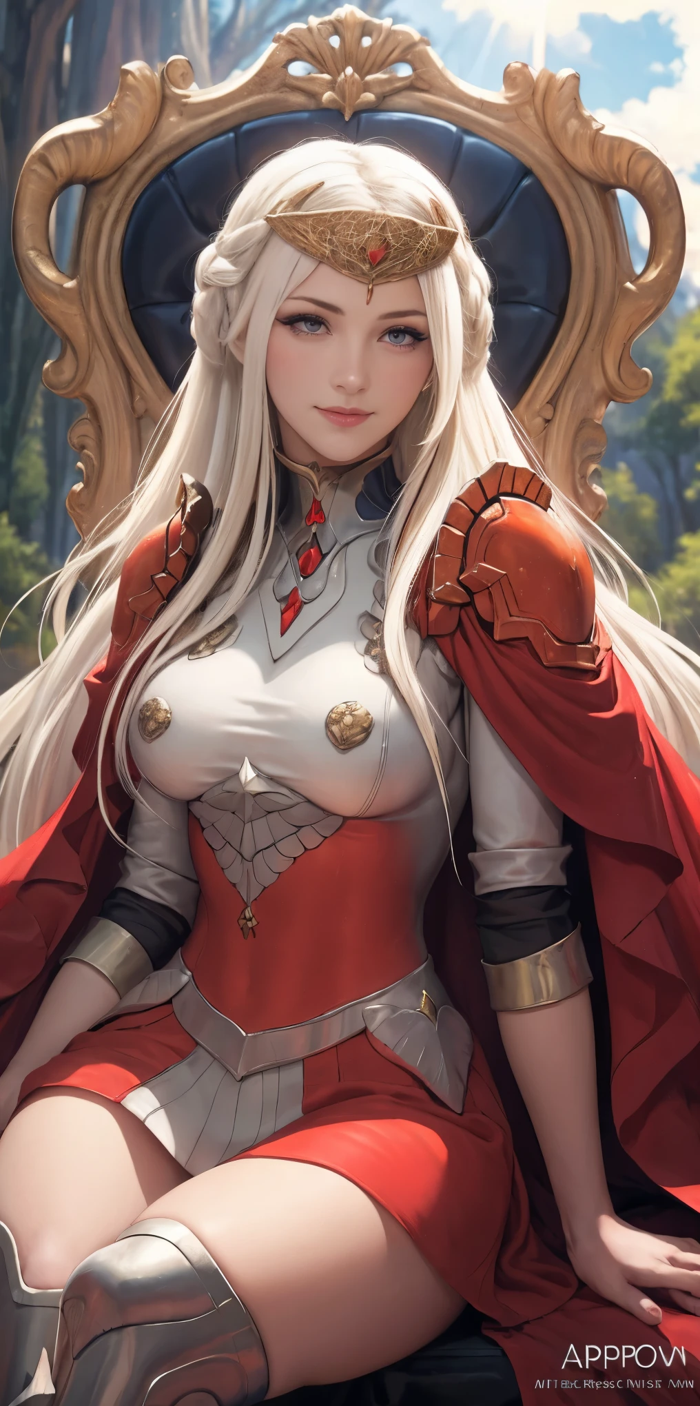 (masterpiece, best quality), 1girl, solo, (the empress:1.15), platinum blonde, long hair, (red cape), Curtain, armored dress, queen dress, aurora, (sunshine, sky, river, forest), expressionless, red eyes, very long hair, (art nouveau:1.2), alphonse mucha, tiara, (face focus, upper body), sit, (red throne:1.12), tiara, crossing legs, highly intricate details, realistic light, smile