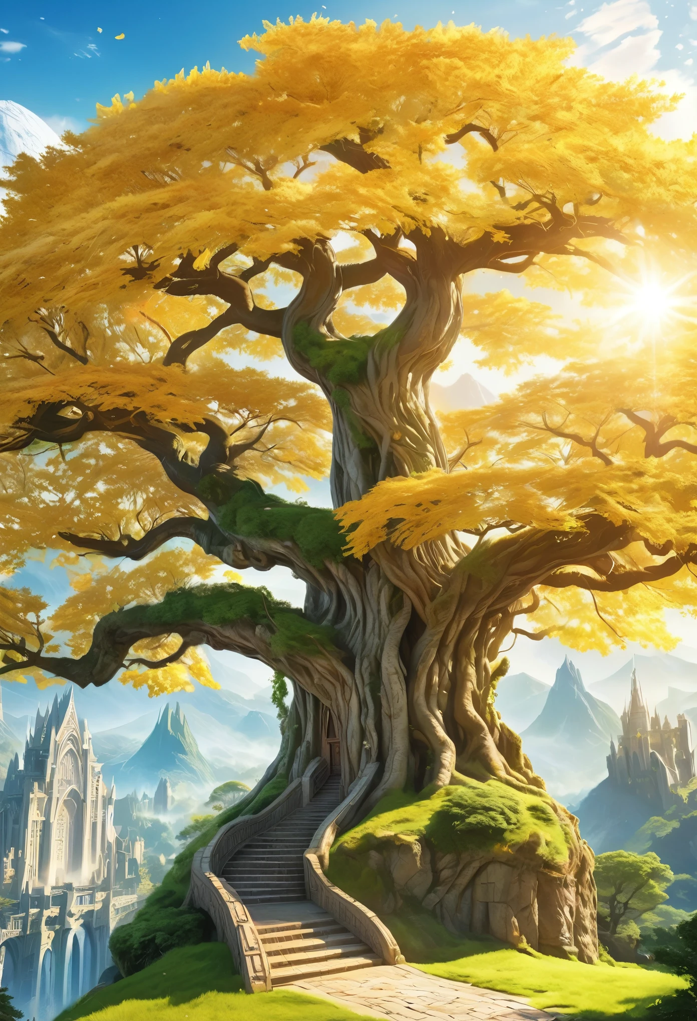 An unparalleled masterpiece, 16k, Super detailed, Approaching perfection, (Manga style:1.3) | Huge Magical (Elven World Tree) In the ancient elven city. | The World Tree (expensive), The branches stretch out towards the sky and shine brightly. ((Golden leaves that emit a soft and fantastic light)). | A distant view capturing the grandeur of the World Tree with the magnificent Elven city in the background. | There are many elven buildings in the city.、It showcases rich history and captivating beauty。 (elegant) civilization. | This scene (A breathtakingly sunny day) Bit (Mystery and Wonder) | Learn more