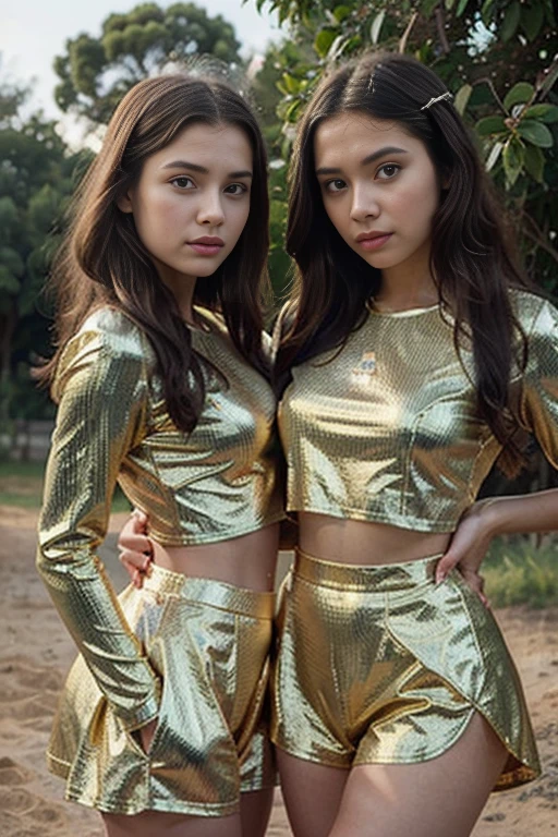 Two young girls in cheerleaders pose for a photo., hermosos gemelos geminis, cerveza suave de la reina del diablo madison, diosas, ropa dorada, beautiful science fiction twins, Hana Alisa Omer, ella parece una mezcla de grimes, aurora aksnes y zendaya, en el campo, parece una mezcla de mugre, 🇺🇦, hermosos gemelos geminis portrait, y 2 k, y2k.