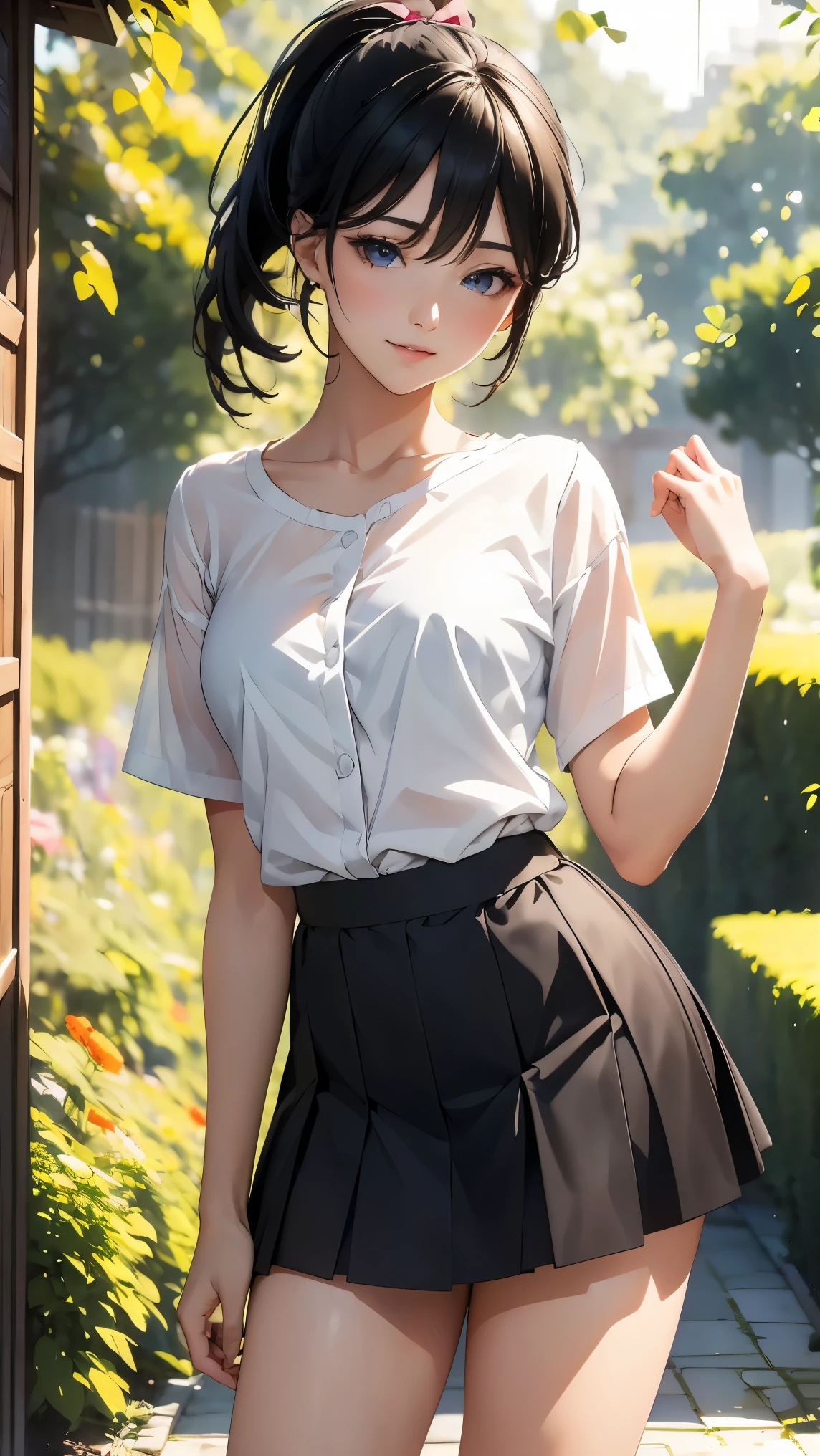 Girl In The Garden,Feel the summer sunshine,Black-haired,Ponytail and mini skirt,Stand with your feet apart、. (highest quality,4K,8k,High resolution,masterpiece:1.2),Very detailed,(Realistic,photoRealistic,photo-Realistic:1.37),figure,Beautiful fine details,Beautiful lip detail,Very detailed目と顔,Long eyelashes, Bright expression, Vibrant colors,Soft sunlight,Open-chested clothing、sexy