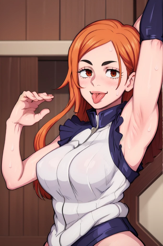masterpiece, best quality, kugisaki nobara, looking at viewer, orange hair, large breasts, upper body, portrait, looking at viewer, seductive smile, sticking her tongue out,both hands raised, armpits, armpits visible, sweaty armpits,
