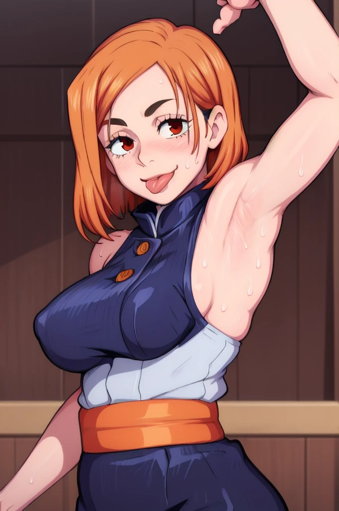 masterpiece, best quality, kugisaki nobara, looking at viewer, orange hair, large breasts, upper body, portrait, looking at viewer, seductive smile, sticking her tongue out,both hands raised, armpits, armpits visible, sweaty armpits,