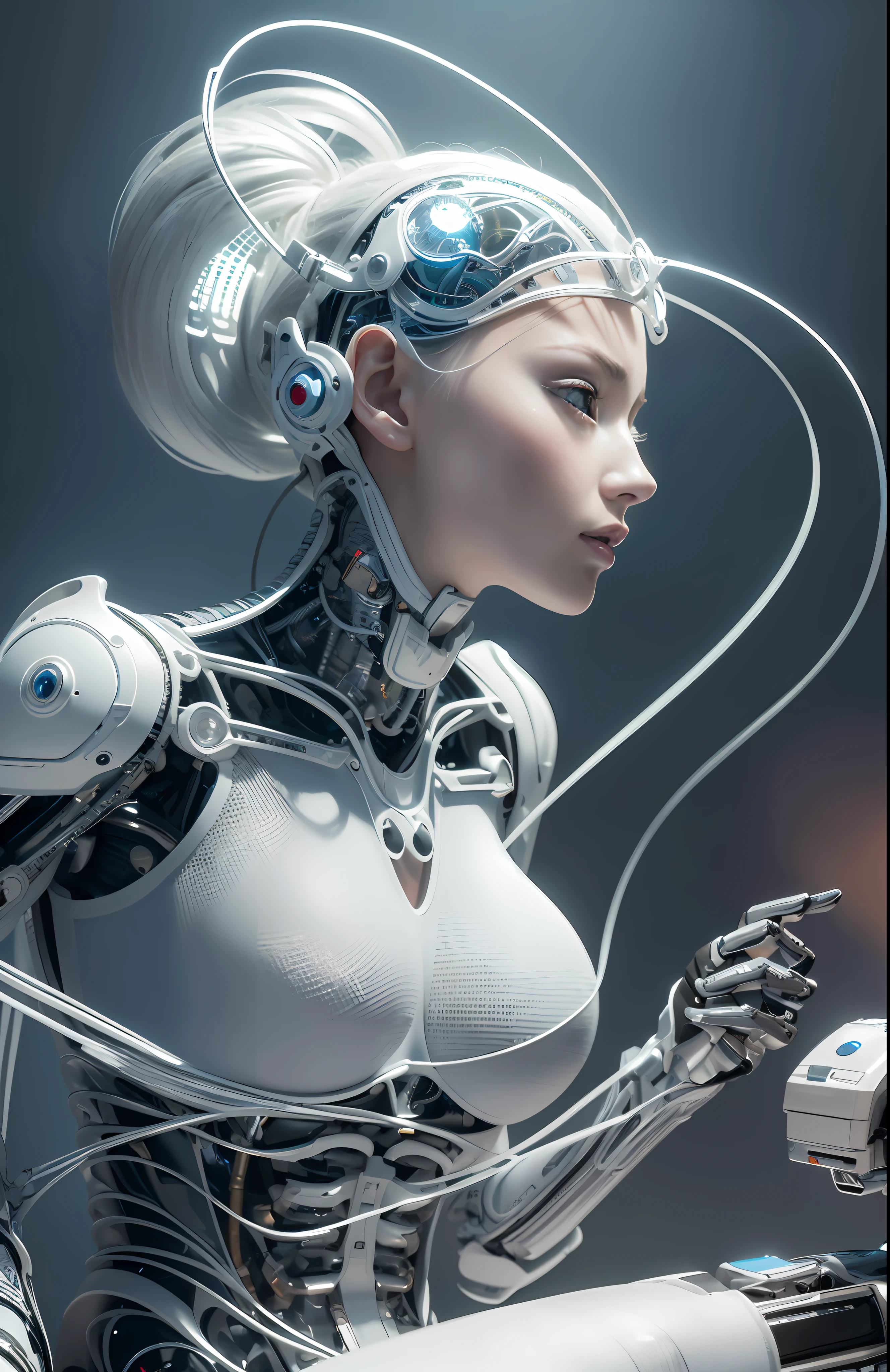 complex 3d render ultra detailed of a beautiful porcelain profile woman android face, cyborg, robotic parts, 150 mm, beautiful studio soft light, rim light, vibrant details, luxurious cyberpunk, lace, hyperrealistic, anatomical, facial muscles, cable electric wires, microchip, elegant, beautiful background, octane render, H. R. Giger style, 8k, best quality, masterpiece, illustration, an extremely delicate and beautiful, extremely detailed ,CG ,unity ,wallpaper, (realistic, photo-realistic:1.37),Amazing, finely detail, masterpiece,best quality,official art, extremely detailed CG unity 8k wallpaper, absurdres, incredibly absurdres, robot, silver halmet, full body, sitting --s2