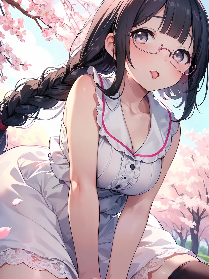 Very detailed, highest quality, High resolution, Moe Anime, ((A cute elementary school girl with black hair and droopy eyes)), ((Wearing large round glasses:1.4)), (Baby Face), Cute eyes, Detailed eye depiction, Sparkle in the eyes, View your viewers, Pale skin, (Big eyes:1.4, Droopy eyes:1.4, Fatty face:1.4), smile, Focus on the face, In the park with cherry blossoms falling, Sitting, (Extreme close up of tongue), (((From below))), Open your mouth, (((Face only:1.3))), ((white lace sleeveless dress)), Bright Eyes, Light from the front, (Put your hands between your legs:1.4), large and long tongue, Cleavage, Braided Hair, Pink ribbon