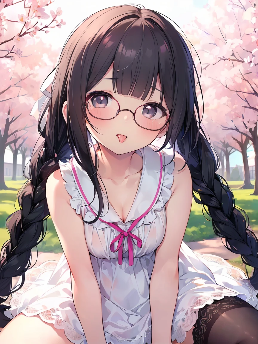 Very detailed, highest quality, High resolution, Moe Anime, ((A cute with black hair and droopy eyes)), ((Wearing large round glasses:1.4)), (Baby Face), Cute eyes, eye depiction, Sparkle in the eyes, View your viewers, Pale skin, (Big eyes:1.4, Droopy eyes:1.4, Fatty face:1.4), smile, Focus on the face, In the park with cherry blossoms falling, Sitting, (Extreme close up of tongue), (((From below))), Open your mouth, (((Face only:1.3))), ((white lace sleeveless dress)), Bright Eyes, Light from the front, (Put your hands between your legs:1.4), large and long tongue, Cleavage, Braided Hair, Pink ribbon