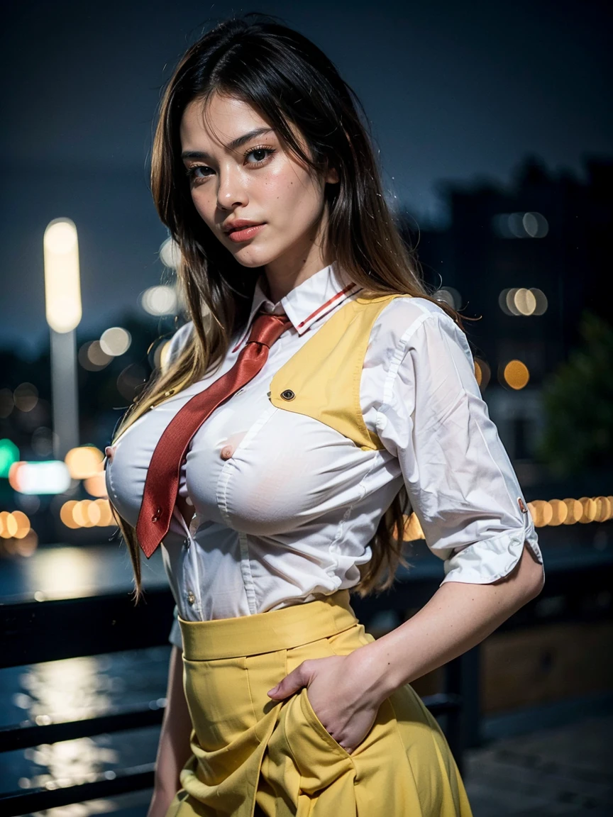 (1 lady), (Best quality at best:1.4), (ultra - detailed), (extremely detailed CG unified 16k), A Beautiful Woman with Perfect Figure: 1.4, Sharp Focus: 1.2, very detailed, High-definition RAW color photo, professional photoshooting, amazing face and eyes, cosmetics, (amazingly beautiful girl), ((Mion Sonozaki)), ((white shirt, red necktie, yellow vest, red skirt)), standing, sexyposture,(Dark and stylish urban landscape, city lights, city lights:1.3), (look from down), realistic cinematic face, head to feet long wide zoomed out view, full body long view, photorealistic, ((realistic natural green hair style, green eyes, long hair)), gorgeous, extremely beautiful face, perfect model beauty, pout mouth, Highly Detailed Face and Skin Texture, Detailed Eyes, Double Eyelids, Big Breasts, Smile, cleavages, western, (masterpiece), best quality, high resolution, extremely detailed, blurred background, depth of field, cinematic lighting, amazing legs, clear and well-cared skin, (((woman occupies most of the picture)))