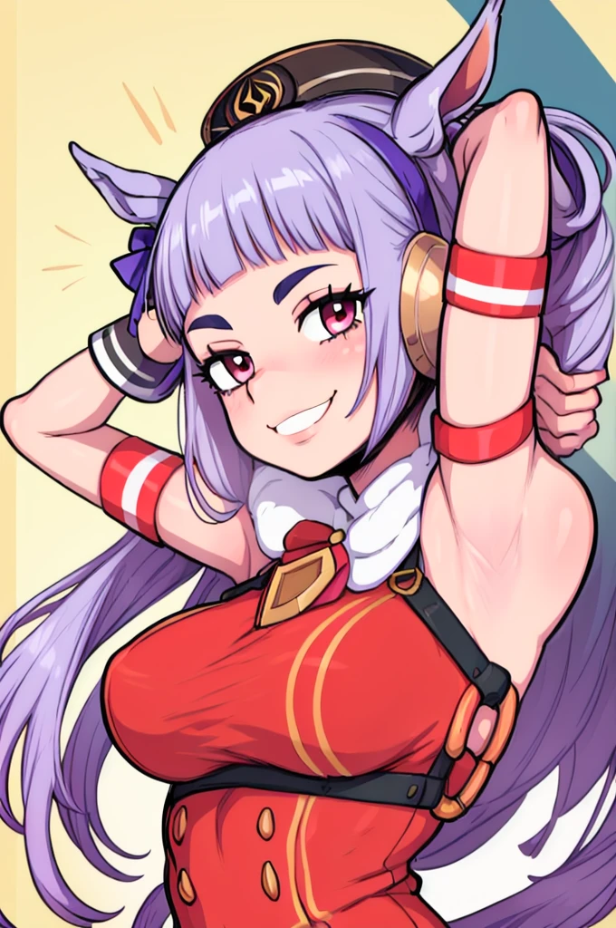 masterpiece, best quality, gold ship uma musume, looking at viewer, very large breasts, upper body, portrait, looking at viewer, seductive smile,put your hands behind your head, armpits, armpits visible, 