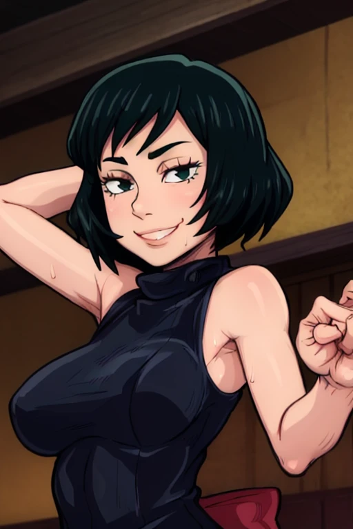 masterpiece, best quality, mai zenin, looking at viewer, green hair, large breasts, upper body, portrait, looking at viewer, seductive smile,both hands raised, armpits, armpits visible, sweaty armpits,