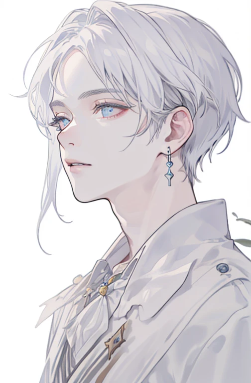 masterpiece, Optimal lighting, (((Ultra Detailed))), best quality, lilac, , Lily of the Valley, ((Misty Forest Boy)), Perfect anatomical structure, Hanging Jewelry, Pretty boy, amazing body, Optimal ratio, European Victorian style, Greek style, ancient god (((((Close-up of face))))), Korean eye makeup, no background, Blank Background, ((((((White background)))))))short hair