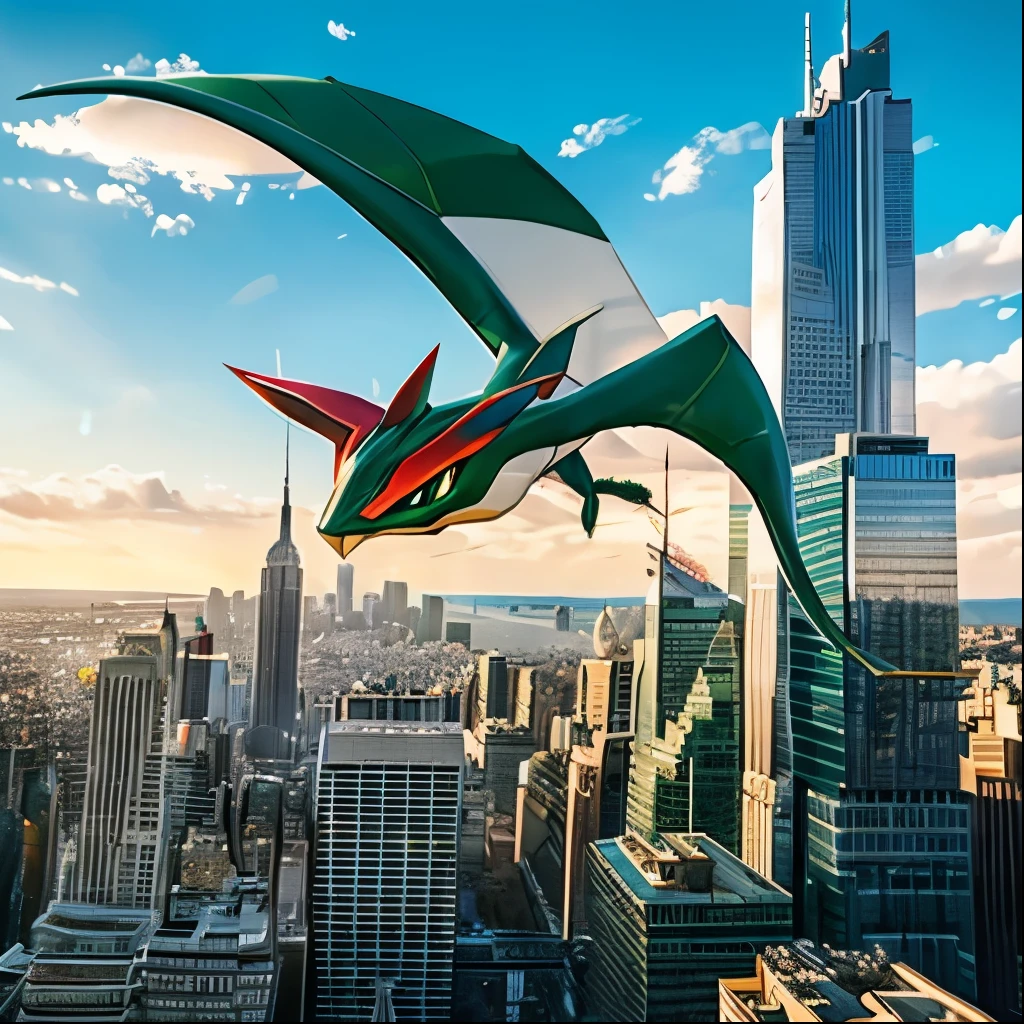 This is an image of the Pokémon Rayquaza flying against the backdrop of city buildings.。The images are carefully drawn with great detail、Rayquaza and the cityscape are very realistic.。It is a vivid color。 Please draw Rayquaza larger。Furthermore, a boy is riding on Rayquaza.。
The boy's face is excited, lively and happy.。The image of Rayquaza and the boy is of the same quality as the product on EC.。