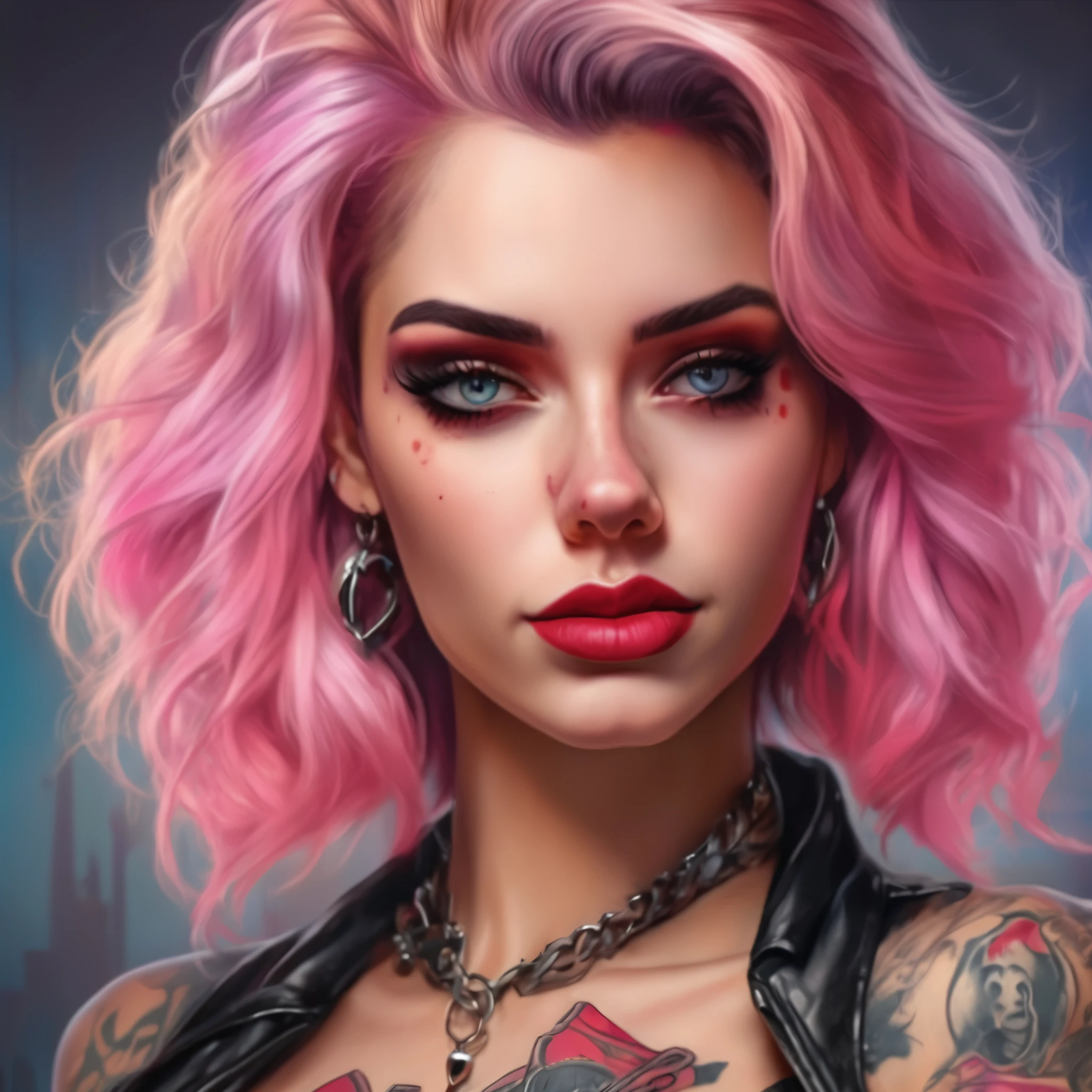 Young adult woman 30 years realistic, sexy con tetas medianas, estilo punk moderno parecida a harley queen, con pelo largo color rubio y un poco rosado, con un tatuaje de corazon roto en el escote para la imagen de perfi, haciendo un gesto obseno