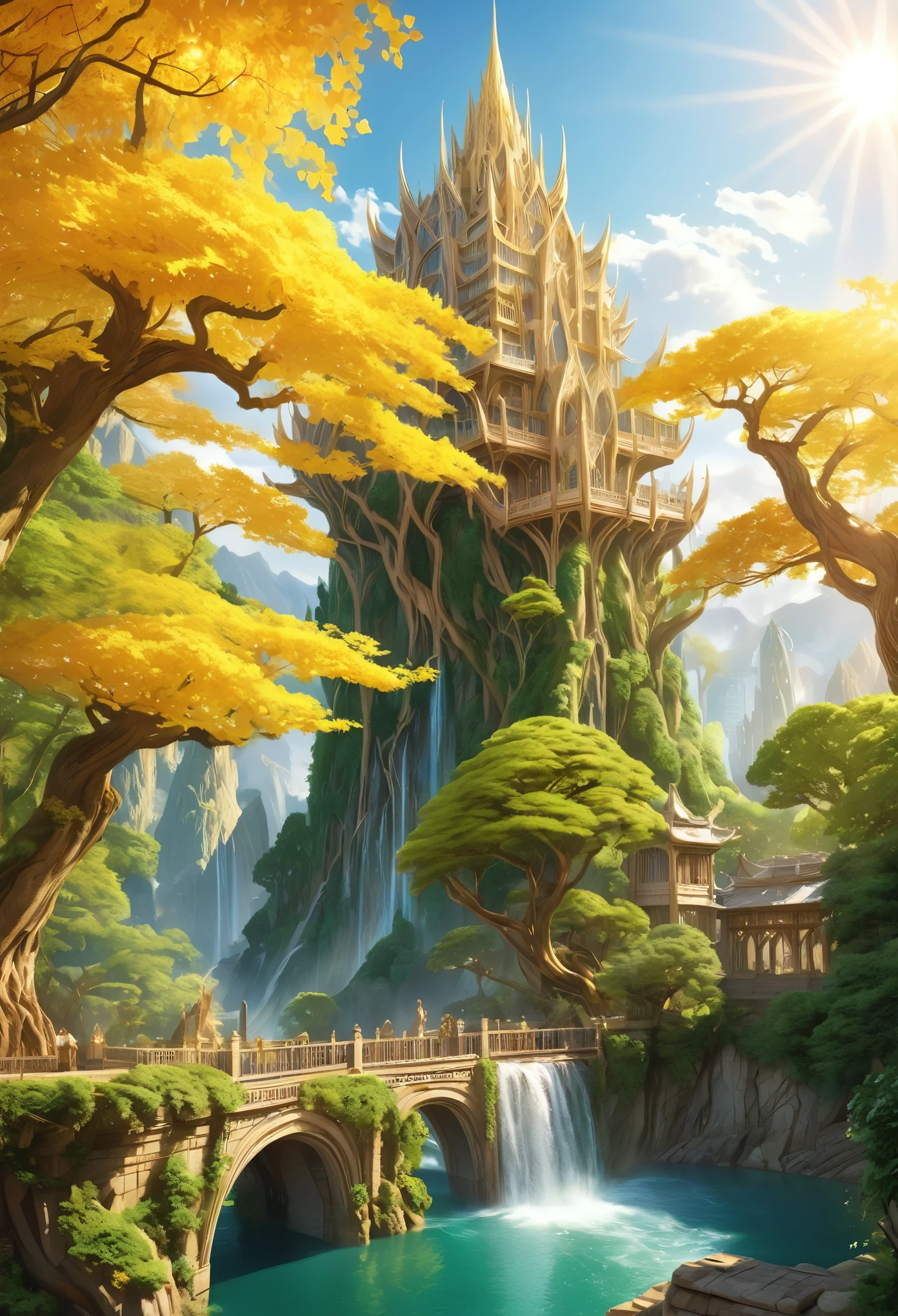 An unparalleled masterpiece, 16k, Super detailed, Approaching perfection, (Manga style:1.3) | Huge Magical (Elven World Tree) In the ancient elven city. | The World Tree (expensive), The branches stretch out towards the sky and shine brightly. ((Golden leaves that emit a soft and fantastic light)). | A distant view capturing the grandeur of the World Tree with the magnificent Elven city in the background. | There are many elven buildings in the city.、It showcases rich history and captivating beauty。 (elegant) civilization. | This scene (A breathtakingly sunny day) Bit (Mystery and Wonder) | Learn more