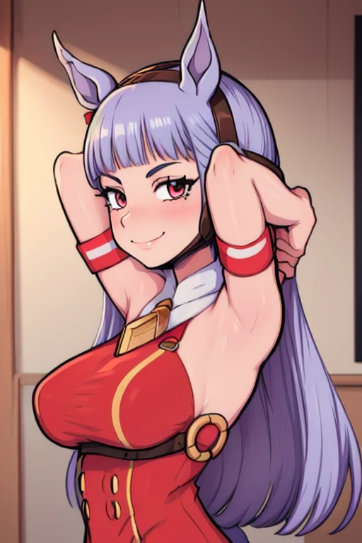 masterpiece, best quality, gold ship uma musume, looking at viewer, very large breasts, upper body, portrait, looking at viewer, seductive smile,put your hands behind your head, armpits, armpits visible, 