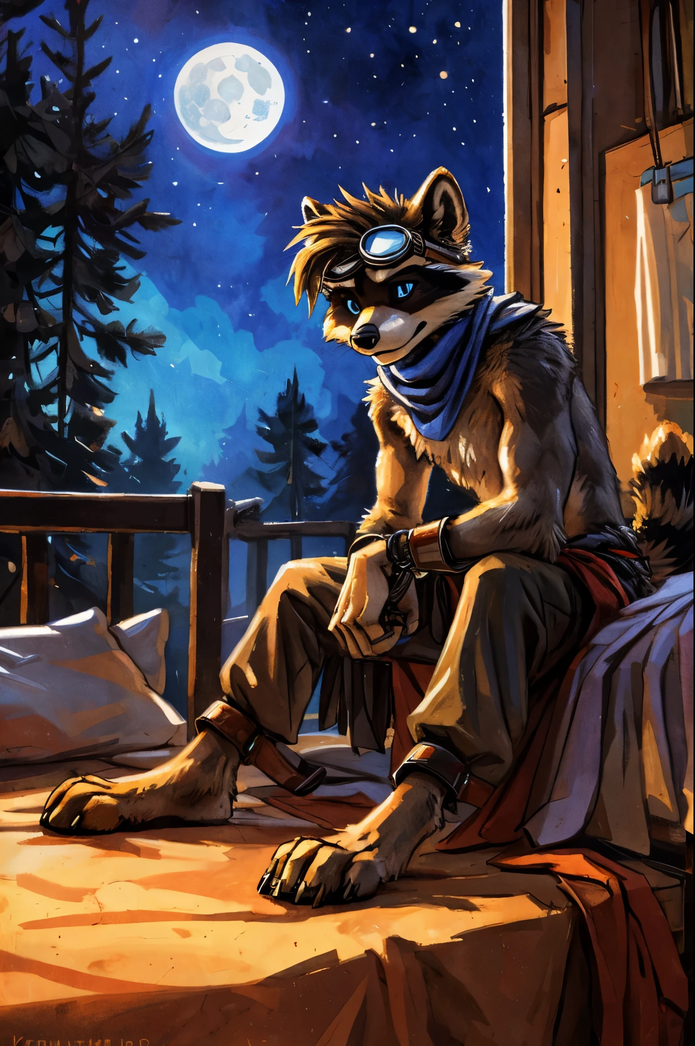 no lighting, deep shadow, dynamic angle, Solo, teen furry, furry, teen, raccoon, grey body, long brown spiked_ponytail, Detailed body fur, long blue scarf, leather_harness, blue_loincloth, goggles, masterpiece, gray body, Detailed face, big eyebrows, blue eyes, detailed eyes, No muscles, Detailed hands, Flat body, Skinny, Detailed paws, metal cuffs on wrists, metal cuffs on ankles, black baggy pants, no shirt, night, no underwear, laying, bed, art by kenket