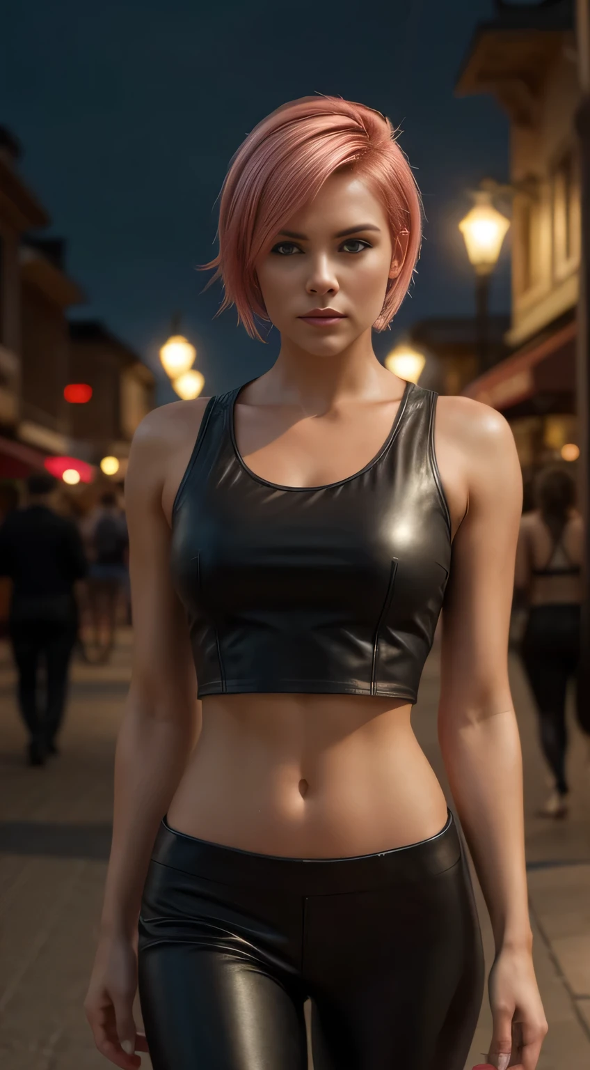 full-length, white woman standing in a whistler square ( - Canada), wearing a green leather jacket over a thin, transparent low-cut tank top. She wears matte black leather pants. The woman has a beautiful, toned, body. ((short pink hair)), The image is realistic, highly detailed. Very high resolution, 8k rendering, late afternoon lighting with the sun setting and the horizon red. The city lights are on. The lighting is perfect, the scene is sharp, extreme realism, cinematic image., motion blur, Art Deco, cinematic lighting, 16k, masterpiece, textured skin, 8k, super detail, 8k