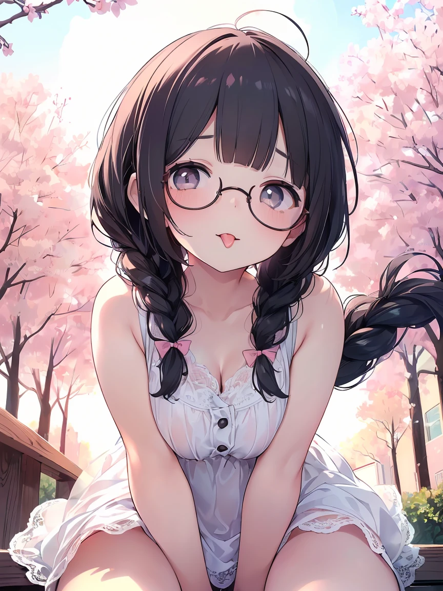 Very detailed, highest quality, High resolution, Moe Anime, ((A cute elementary school girl with black hair and droopy eyes)), ((Wearing large round glasses:1.4)), (Baby Face), Cute eyes, Detailed eye depiction, Sparkle in the eyes, View your viewers, Pale skin, (Big eyes:1.4, Droopy eyes:1.4, Fatty face:1.4), smile, Focus on the face, In the park with cherry blossoms falling, Sitting, (Extreme close up of tongue), (((From below))), Open your mouth, (((Face only:1.3))), ((white lace sleeveless dress)), Bright Eyes, Light from the front, (Put your hands between your legs:1.4), large and long tongue, Cleavage, Braided Hair, Pink ribbon