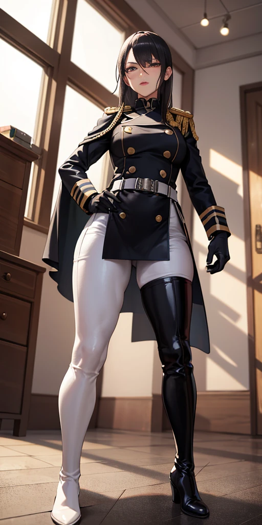 Mature female, adult, milf, mature, 30 years old, woman ((solo)),(1girl),standing, full body, authority, leather outfit, dominant, (muscular), long sleeves, black gloves, double-breasted, (black knee-high boots:1.4), (white pants:1.2),devious, seductive, evil, confident, belt, cape, standing, bedroom, military uniform, looking at viewer, from below, clean floor, empty room, large windows, guard, warden, queen, commander (smirk:0.33) tall, deadpan