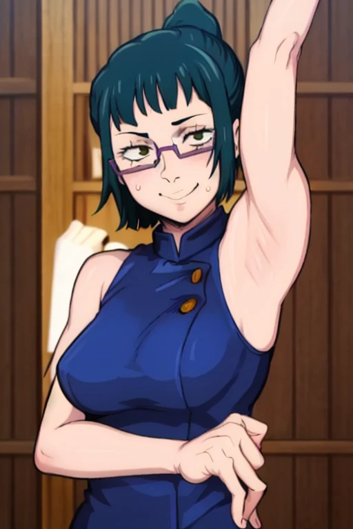 masterpiece, best quality, maki zenin, looking at viewer, green hair, large breasts, upper body, portrait, looking at viewer, seductive smile,both hands raised, armpits, armpits visible, sweaty armpits, wearing glasses