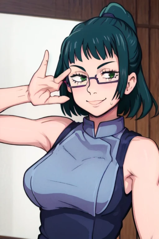 masterpiece, best quality, maki zenin, looking at viewer, green hair, large breasts, upper body, portrait, looking at viewer, seductive smile,both hands raised, armpits, armpits visible, sweaty armpits, wearing glasses