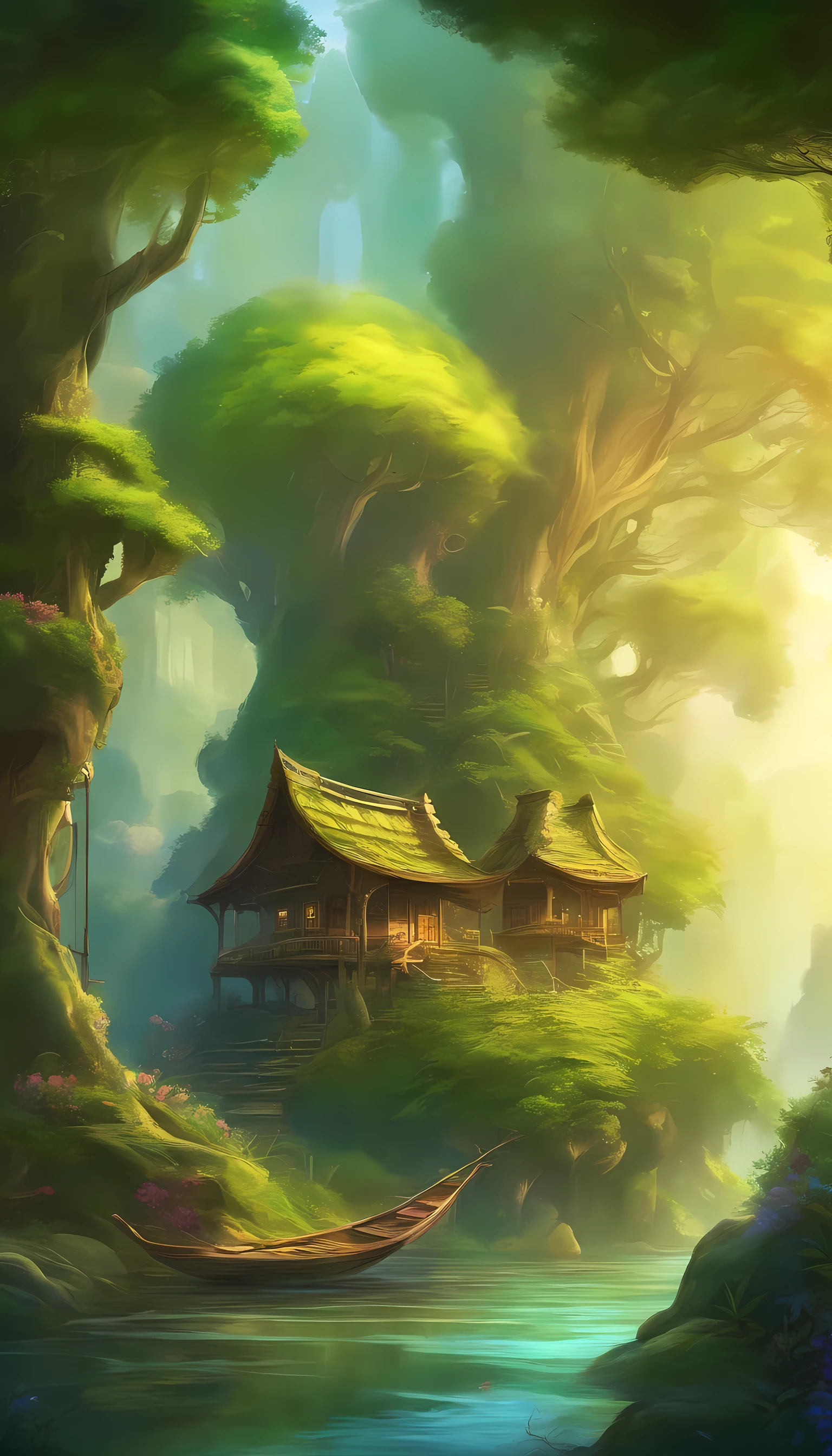 Create a highly detailed anime-style artwork of a beautiful small house nestled in the heart of a lush jungle, brimming with vibrant foliage and wildlife. Capture the essence of nature with intricate attention to details, from the mesmerizing play of light filtering through the canopy to the intricate textures of the surrounding flora. Let the scene exude tranquility and harmony between the man-made structure and the untamed wilderness, showcasing the unique fusion of human habitation with the natural world in a captivating and enchanting way.