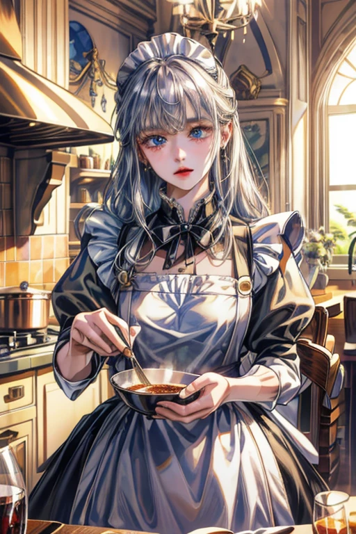 (8k, highest quality, Tabletop:1.2), Ultra-high resolution, One 12-year-old girl, Detailed face, blue eyes, Slightly droopy eyes, Silver long hair, Classic maid outfit in black and white, Luxurious Western-style house kitchen, Cooking, Stirring the ingredients in the pot