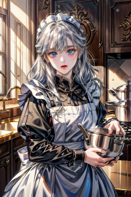 (8k, highest quality, Tabletop:1.2), Ultra-high resolution, One -yeld gi Detailed face, blue eyes, Slightly droopy eyes, Silver long hair, Classic maid outfit in black and white, Luxurious Western-style house kitchen, Cooking, Stirring the ingredients in the pot