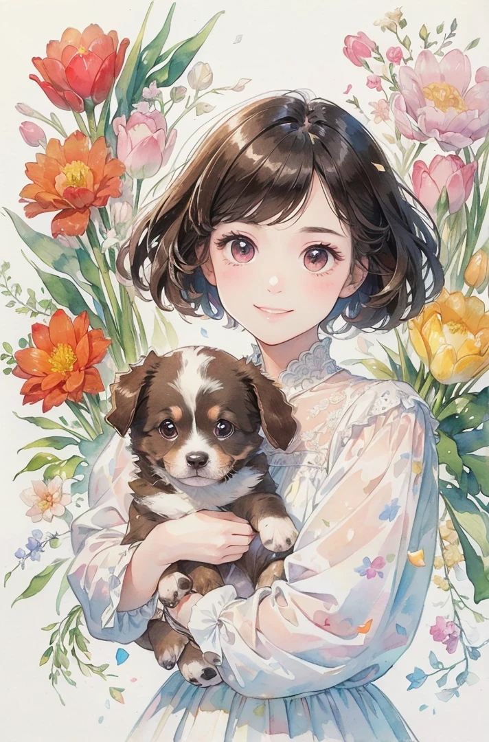(masterpiece、highest quality、highest quality、Beautiful and beautiful:1.2)、Good anatomy、(watercolor)、Drawing of a girl with straight short hair、Beautiful smile、pure white costume、Soft、pure、Charm、(Holding a brown puppy:1.3)、looking at the camera、Flowers and leaves、Tulips