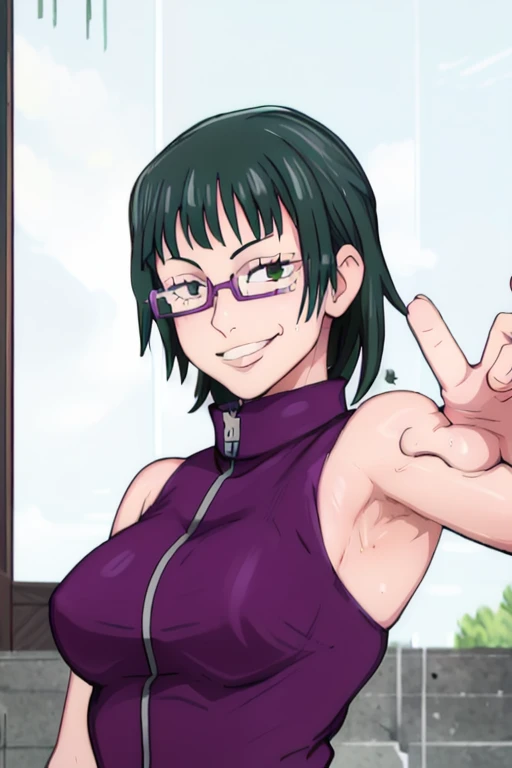 masterpiece, best quality, maki zenin, looking at viewer, green hair, large breasts, upper body, portrait, looking at viewer, seductive smile,both hands raised, armpits, armpits visible, sweaty armpits, wearing glasses