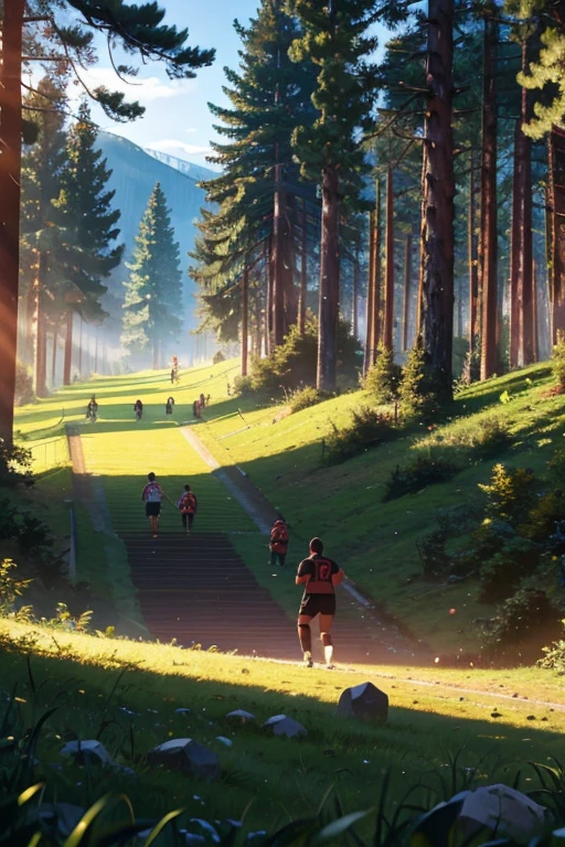Playing football, forest, mountains, tall trees, highly detailed 4K