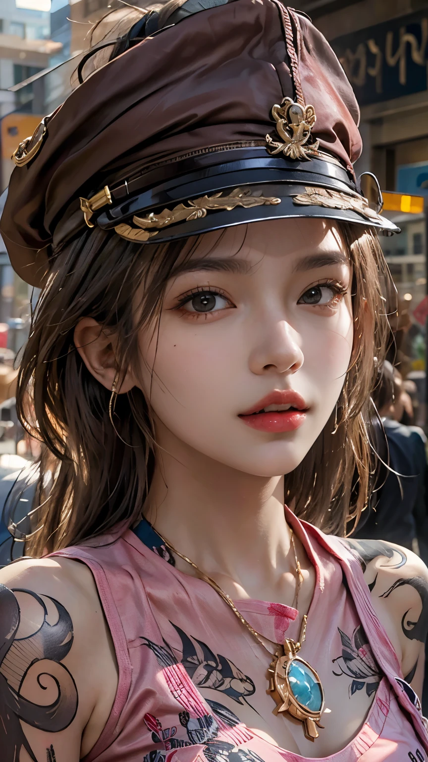 Photorealistic, High resolution, Soft light,1womanl, Solo, hips up high, (Detailed face),The tattoo, Jewelry, street wear, Beautiful Soldier, An eye that invites the viewer, Lover's perspective, inviting expression, Sexy smile, Perfect Style, Perfect balance, Detailed skin, Naughty gaze, Chest visible