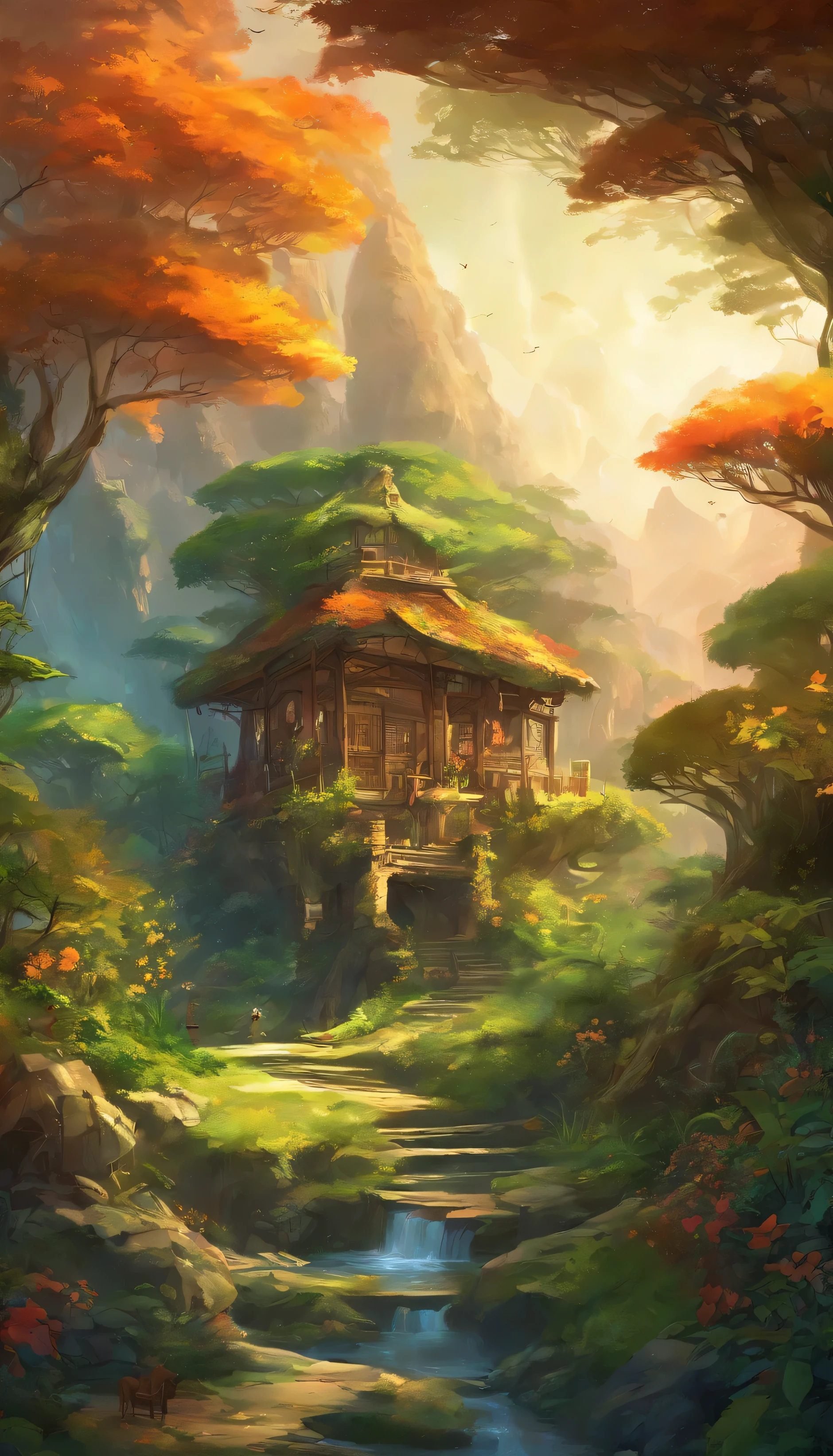 Create a highly detailed anime-style artwork of a beautiful small house nestled in the heart of a lush jungle, brimming with vibrant foliage and wildlife. Capture the essence of nature with intricate attention to details, from the mesmerizing play of light filtering through the canopy to the intricate textures of the surrounding flora. Let the scene exude tranquility and harmony between the man-made structure and the untamed wilderness, showcasing the unique fusion of human habitation with the natural world in a captivating and enchanting way.