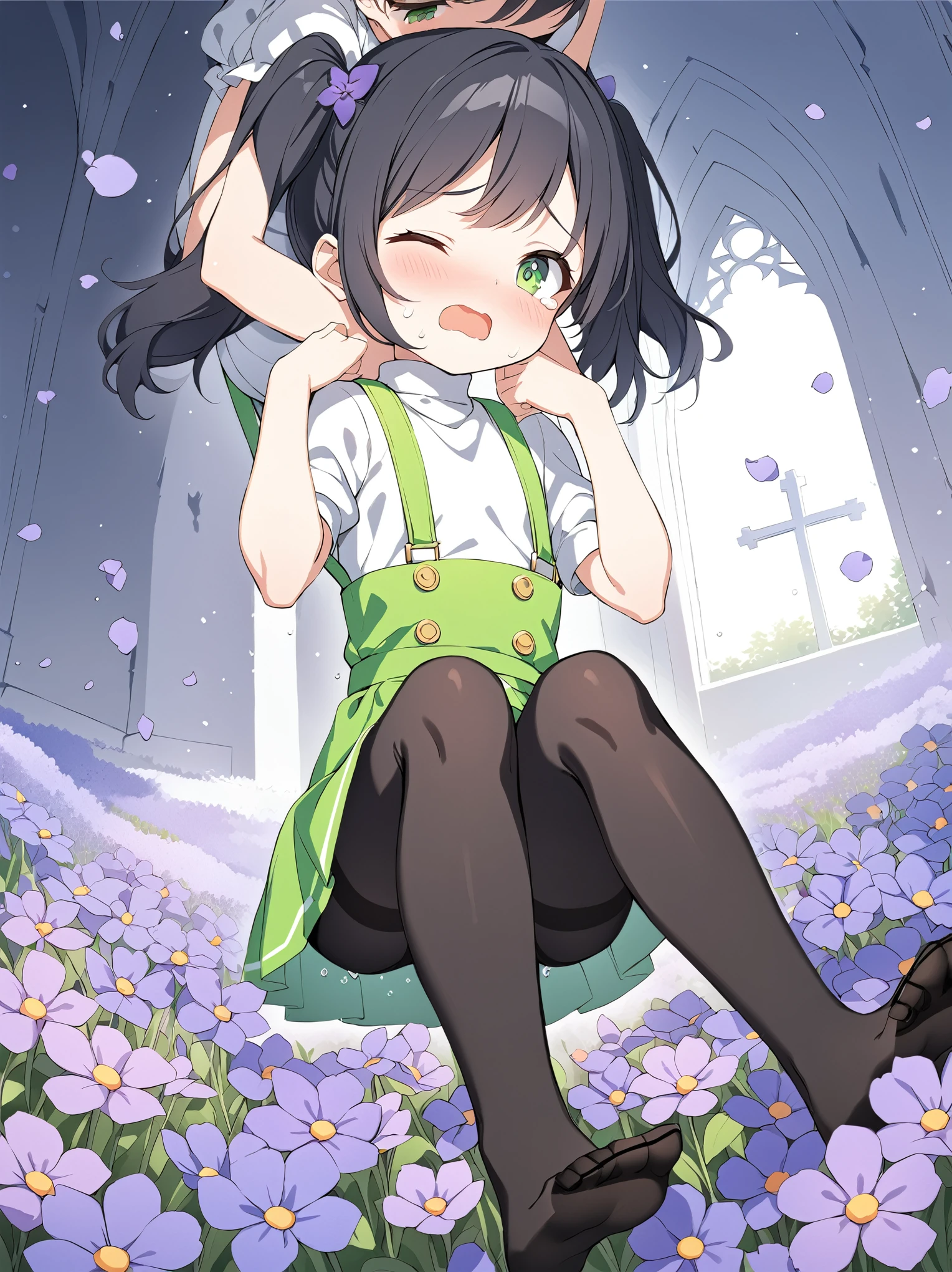 best quality, masterpiece, ultra resolution, super details, anatomically correct, (full body:1.2), solo, 1 girl, :1.8), (black hair:1.3), green eyes, high quality eyes, high quality hands, (high pigtails:1.6), (short hair:1.5), red ribbons, (white turtleneck:1.5), short sleeve, (bubble sleeves:1.2), (short green skirt:1.3), (green suspenders:1.5), (black pantyhose:1.5), mary janes, (visible gas circles were coiling her body:1.3), she was unable to breathe, (she was holding own neck:1.6), (suffering from asphyxiation:1.3), (one eye closed:1.3), inflated pupils, (struggling in agony:1.5), (tilting up), (looking up:1.2), tears, (sweating:1.2), (bluish:1.3), trembling, incontinence, dutch angle, wide camera, (purple flower field near a chapel:1.3), flying flower flakes, high quality background, detailed background, depth of field