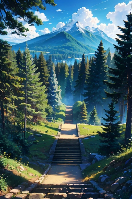 Long stairs, forest, mountains, tall trees, clouds, blue sky, highly detailed 4K