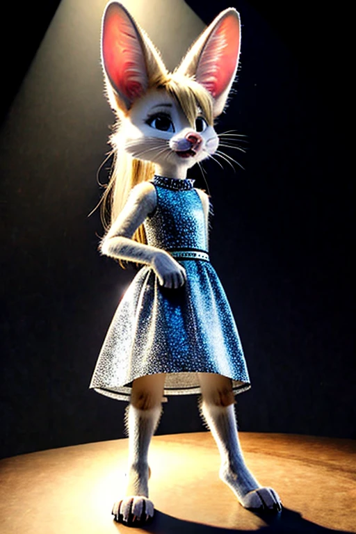 (white fur:1.2), short slim skinny female digitigrade fennec, small breasts,  BREAK whiskers, black lips and nose, bright and vivid deep blue eyes, BREAK long wavy blonde hair, light blue micro dress, standing on stage in the spotlight, BREAK by (trigaroo:1.1), (by toots, by syn-6), by discreet user [by dryadex, by syuro::12], [by v-tal:by himeragoldtail:18], 