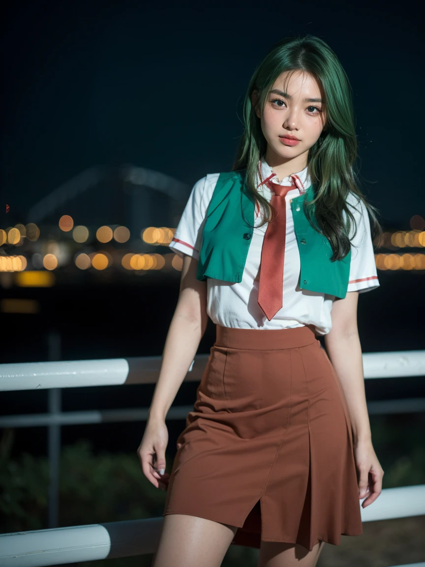 (1 lady), (Best quality at best:1.4), (ultra - detailed), (extremely detailed CG unified 16k), A Beautiful Woman with Perfect Figure: 1.4, Sharp Focus: 1.2, very detailed, High-definition RAW color photo, professional photoshooting, amazing face and eyes, cosmetics, (amazingly beautiful girl), ((Mion Sonozaki)), ((white shirt, red necktie, yellow vest, red skirt)), standing, sexyposture,(Dark and stylish urban landscape, city lights, city lights:1.3), (look from down), realistic cinematic face, head to feet long wide zoomed out view, full body long view, photorealistic, ((realistic natural green hair style, green eyes, long hair)), gorgeous, extremely beautiful face, perfect model beauty, pout mouth, Highly Detailed Face and Skin Texture, Detailed Eyes, Double Eyelids, Big Breasts, Smile, cleavages, western, (masterpiece), best quality, high resolution, extremely detailed, blurred background, depth of field, cinematic lighting, amazing legs, clear and well-cared skin, (((woman occupies most of the picture)))