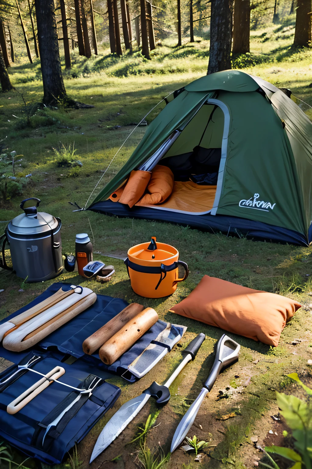 survival camping Happiness tools in the forest next to the Lake