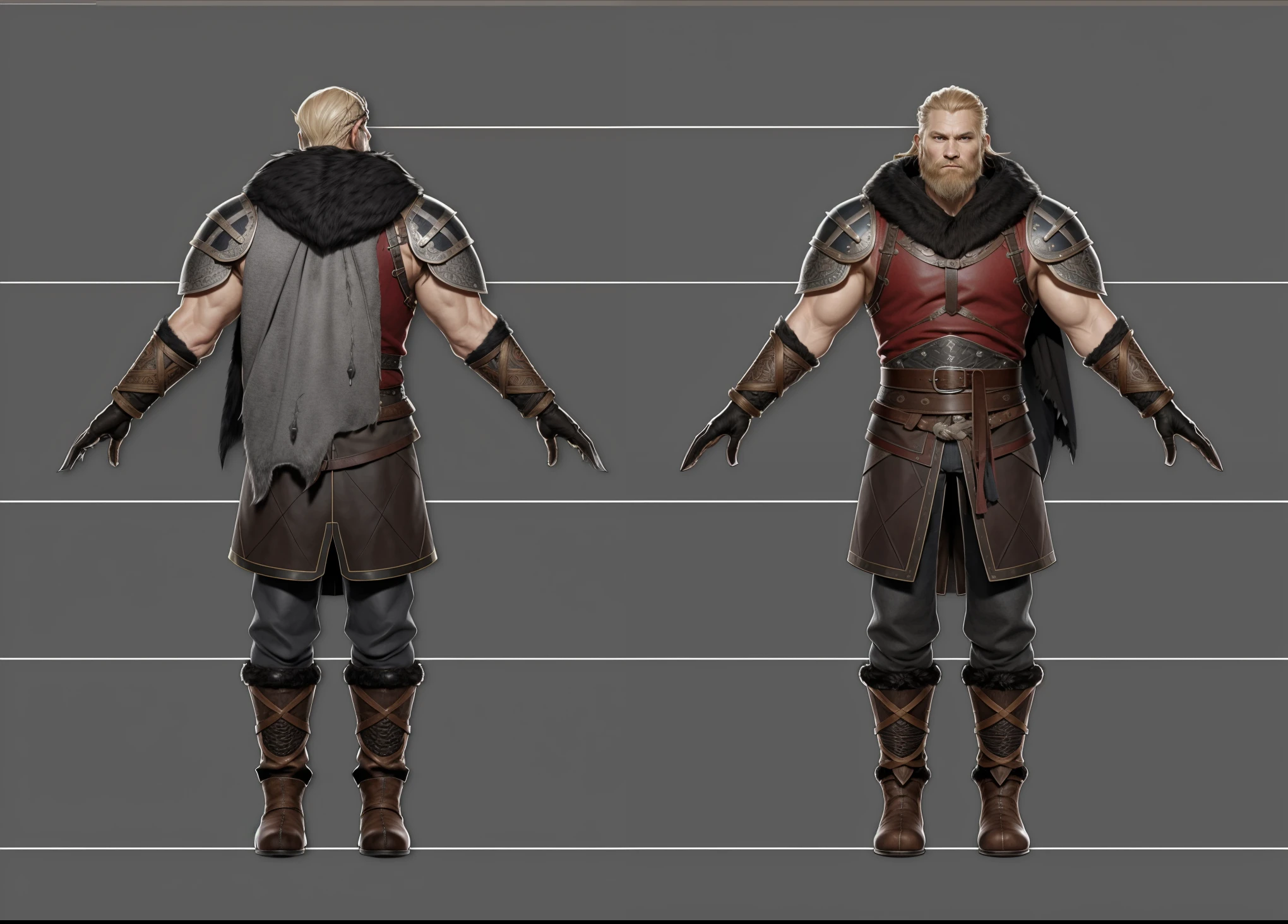 ( Realistic:1.33),(masterpiece:1.1),(highest quality:1.1),(HDR:1) a close up of a Tall Viking man with gambeson fur coat , detailed armor, old Cuirass engraved leather, intricate designs on the Cuirass, intricate Cuirass engravings, full body concept, detailed full body concept, old man Viking with a long braid, Viking style, Viking protective, Portrait of a Viking, Viking warrior, Viking culture, Nordic warrior, Viking costume, Ancient Viking warrior, Elven blond warrior, Epic Viking king , wearing Viking clothing, male Viking, with Machado, Nordic inspiration, Viking and Templar aesthetics, full body character concept,costume concept design, full body details, detailed full body concept art, full character body, character model sheet turnaround, fullbody shot turnaround, concept character sheet, full body concept art, reference model sheet , full body concept art, RPG style character, game character design, 3d character reference sheet, video game character concept, detailed character design, character sheet, [ character model sheet turnaround ], front and back, ((front and back)), grey clean background, 3D character, leather belt with leather knife bag, leather, leather armband, leather boots with fur, gambeson blue cloth, (viking warrior), ((barbarian)),(((wide chest)), (((animal fangs accessories))), leather waist armor, black shirt and trousers, leather shoulder armor, ((Tattered wool red cloak))