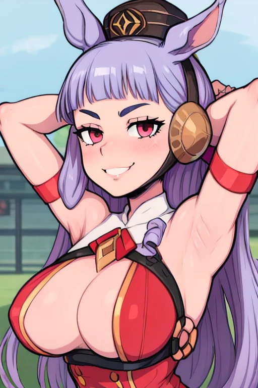 masterpiece, best quality, gold ship uma musume, looking at viewer, very large breasts, upper body, portrait, looking at viewer, seductive smile,put your hands behind your head, armpits, armpits visible, 