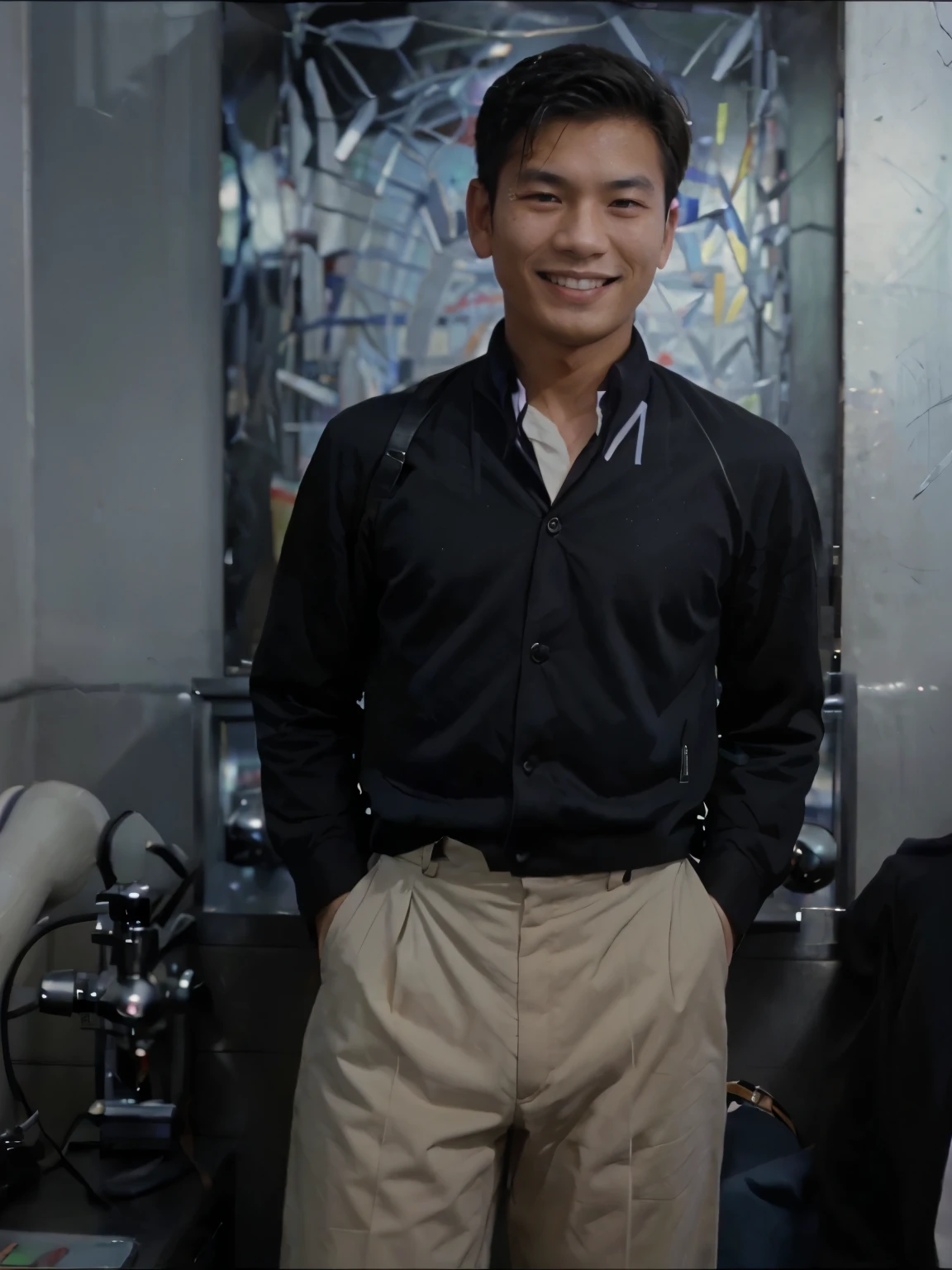 A 20-year-old Taiwanese male in the 1950s, wearing a suit, smiling and looking at the camera,Business frontal half-length close-up,Black and white photo、Portrait photography、negatives
