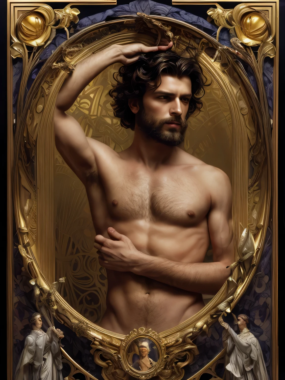 high quality, super realistic, Envision a hyper-realistic composition that seamlessly integrates the exquisite detail of John Singer Sargent with the dreamlike elegance of Alphonse Mucha, creating a insanely handsome man’s portrait where realism and Art Nouveau mystique converge, An extremely seductive masculine and handsome man is depicted against a backdrop of golden swirling patterns inspired by Mucha's iconic golden ornamental designs, The man is adorned in flowing garments that echo Mucha's romantic style, with intricate patterns intertwining seamlessly with the hyper-realistic details of his attire, by yukisakura, highly detailed,